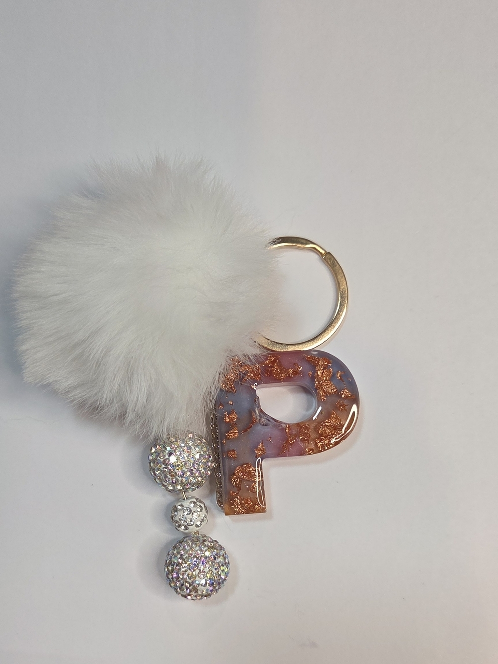 White Pom-Pom & Resin "P" Initial Keychain, Bag Charm. Sparkle Ball Accents!